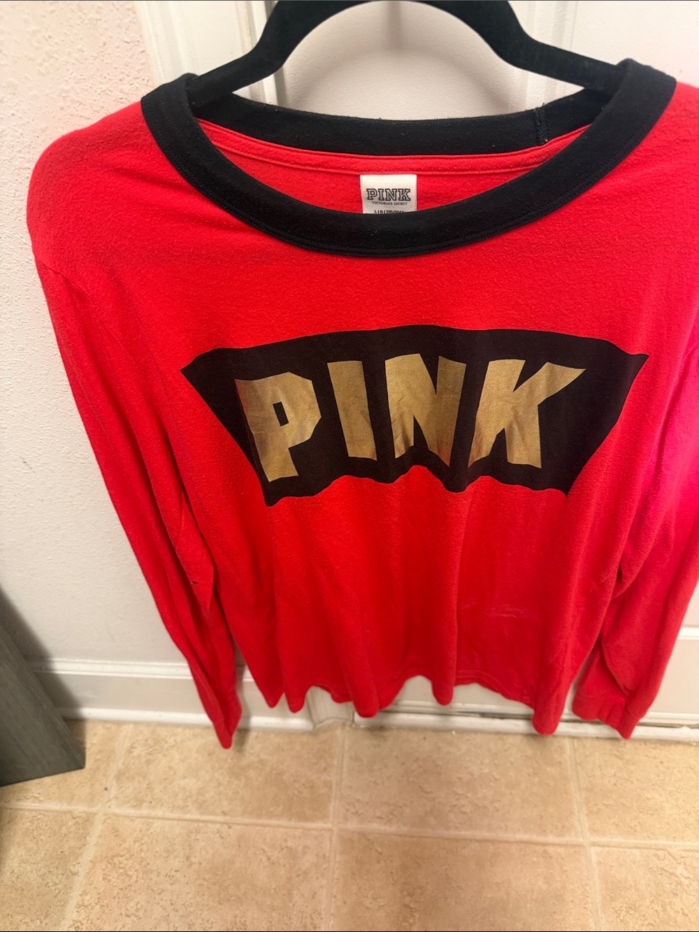 PINK Victoria's Secret Red Crewneck Sweater with Gold Logo and Black Trim